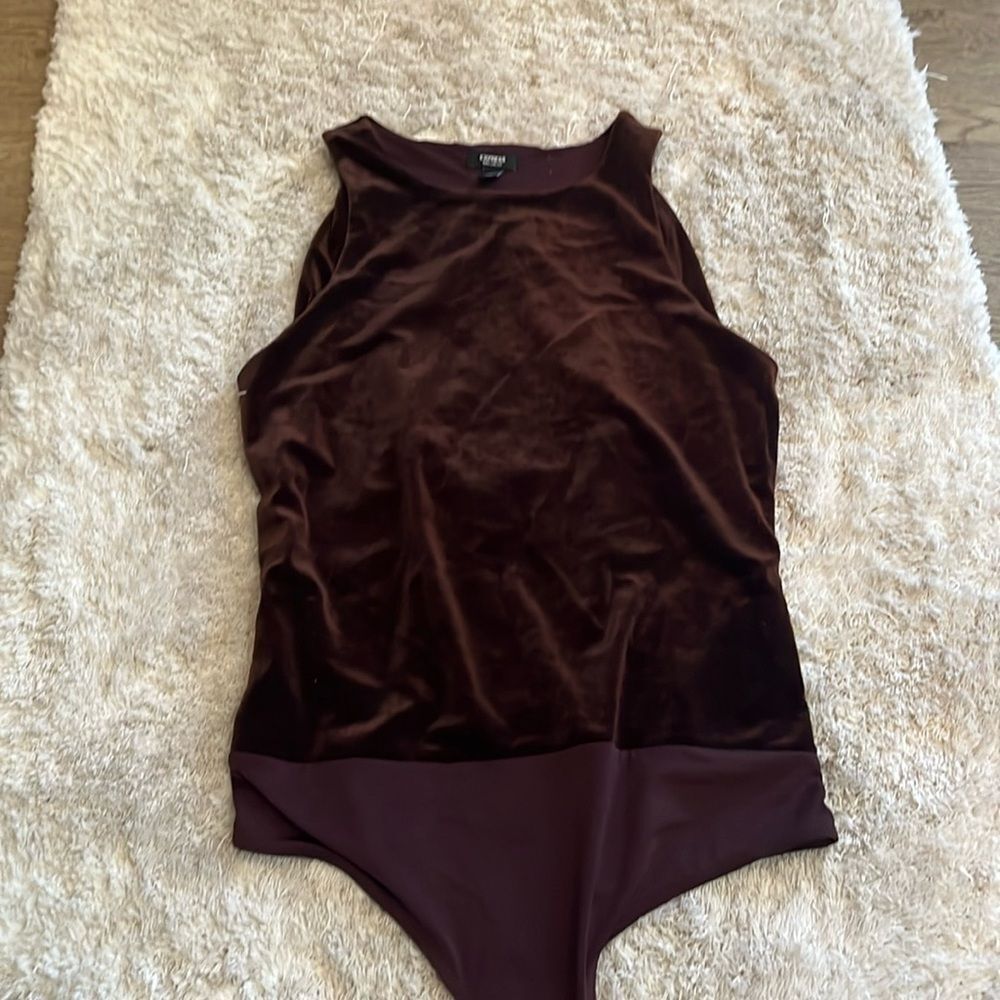 NWOT express plum/wine velvet bodysuit with back opening.  Small